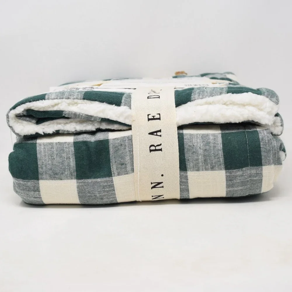 Rae Dunn Making Spirits Bright Throw Buffalo Check Sherpa Blanket New Green